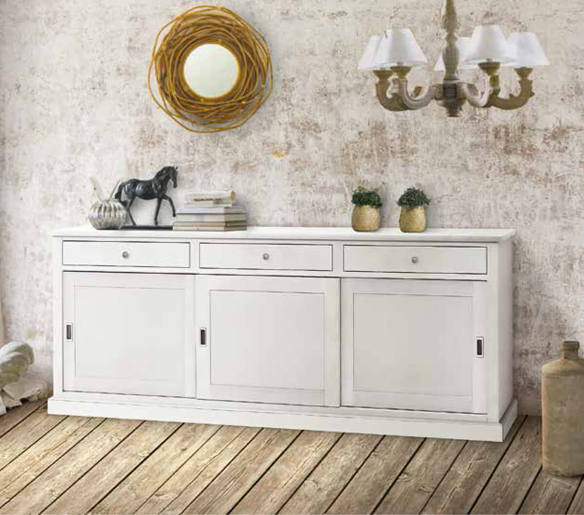 Credenza Legno tre Ante Scorrevoli tre Cassetti Bianco Spazio Casa